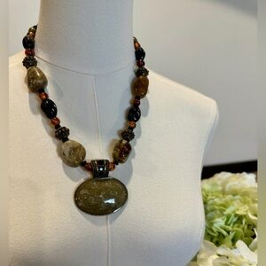 Chico’s Earth Tone Statement Necklace | Large Pendant | Brown Green Beaded
